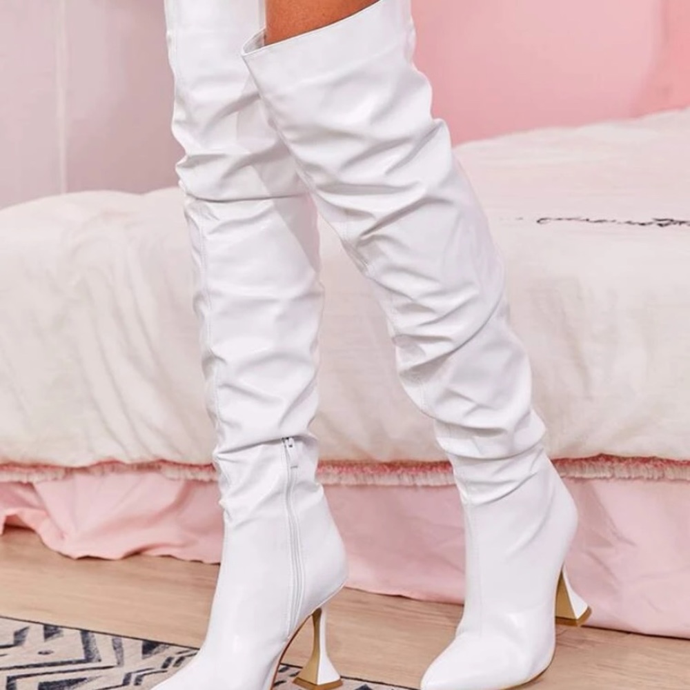 White thigh high boots